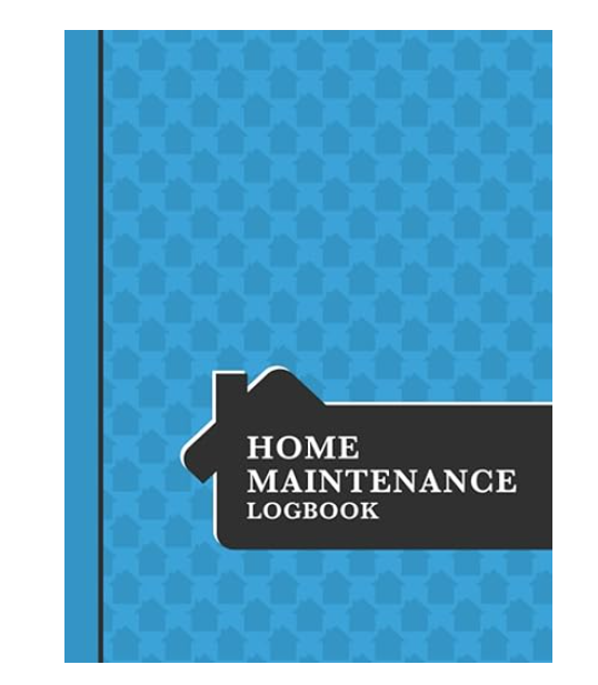Cover of a home maintenance logbook with a blue background and a black house-shaped graphic containing the title 'Home Maintenance Logbook' in white text.