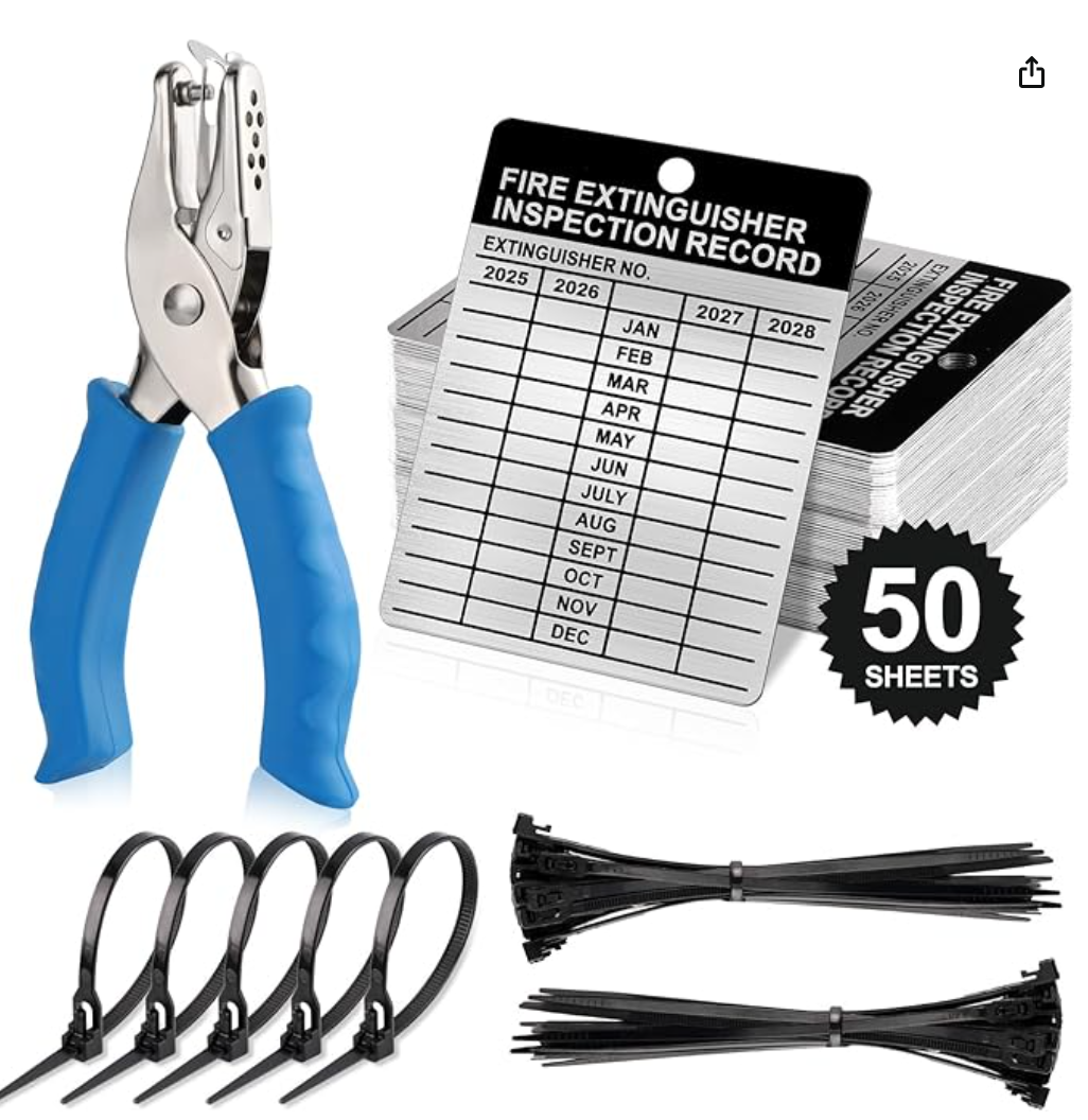 A set of fire safety tools including a pair of metal bolt cutters with blue handles, a stack of fire extinguisher inspection record sheets labeled '50 sheets,' and black cable ties and zip tie mounts.