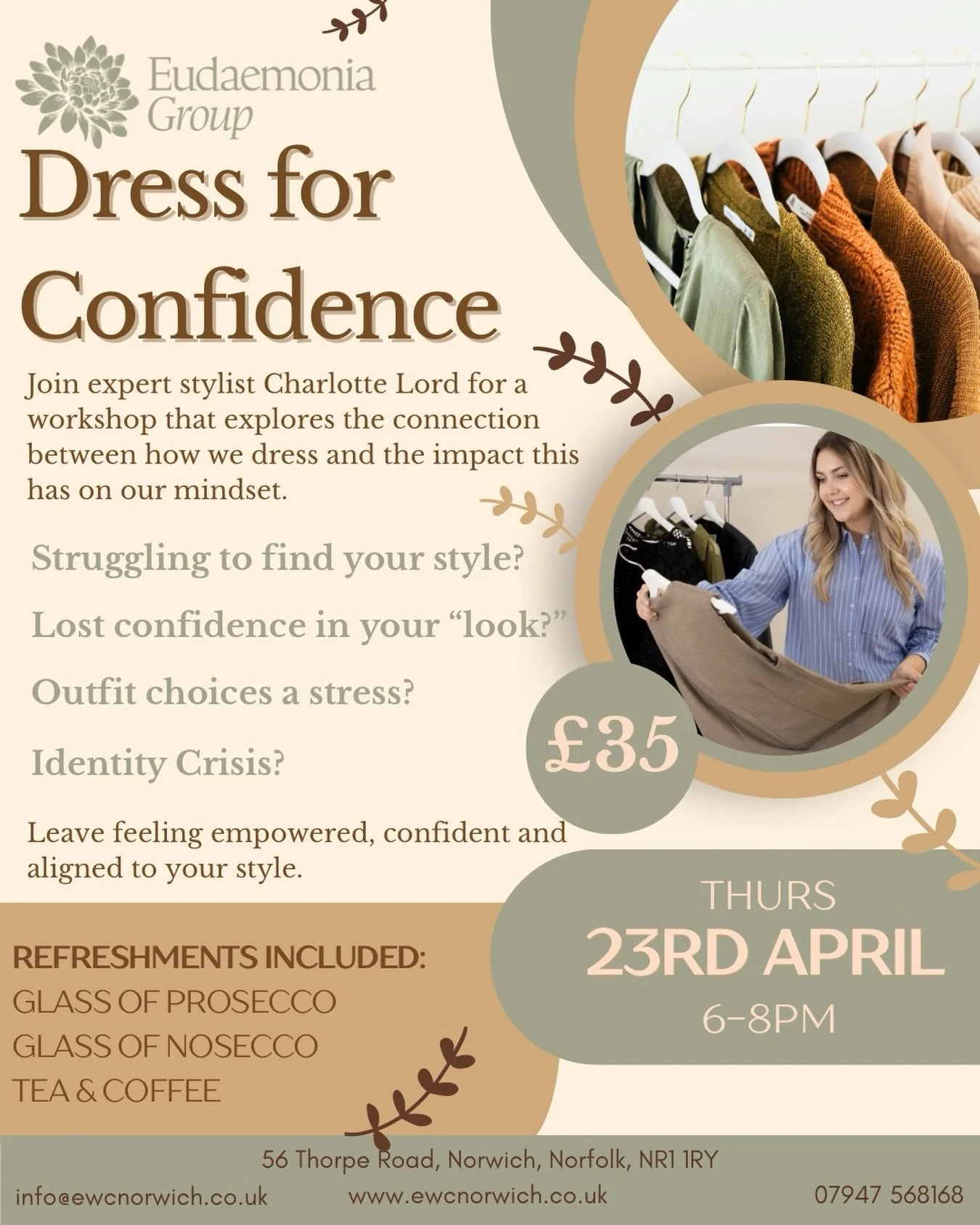 Struggling to find your style? Lacking confidence in dressing your own body? 
Join us for this amazing workshop! 

#dressforconfidence #workshop #eudaemonia #wellbeing #event