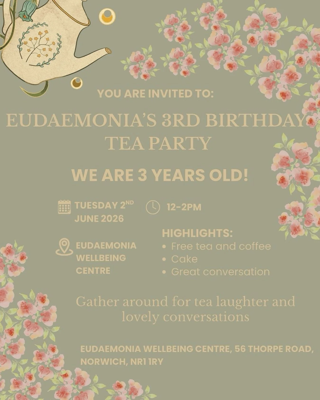 Tomorrow the @eudaemonia_group_ltd turns 3 years old! And to celebrate we are opening our doors to anyone and everyone who would like to come and have some tea and cake with us to celebrate! 

📍Eudaemonia Wellbeing Centre, NR1 1RY
⏰ 12pm - 2pm 

🎉?