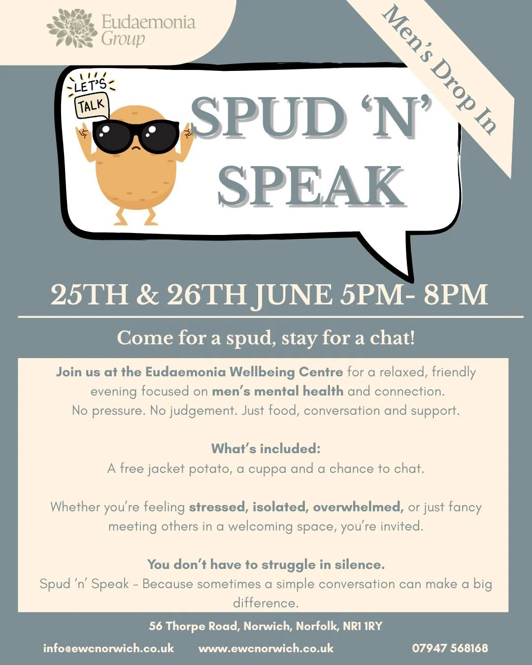 🥔 Feeling baked? Come get a baked potato.

Life can be stressful. Work can be relentless. Sometimes you just need a decent jacket potato and a chance to talk rubbish with other blokes.

That's exactly what Spud 'n' Speak is all about.

No awkward in