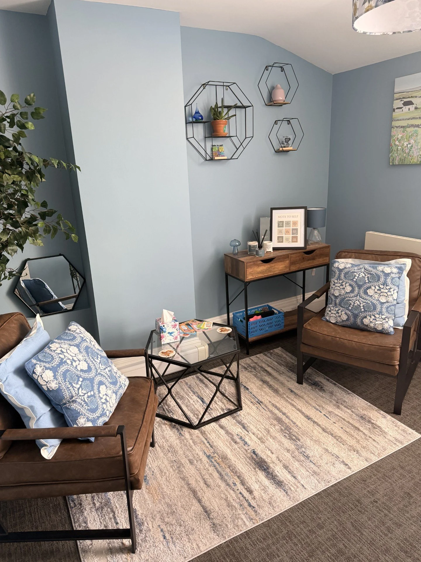 Talking therapies room with light blue on the walls, two brown leather chairs with blue patterned cushions on each chair.