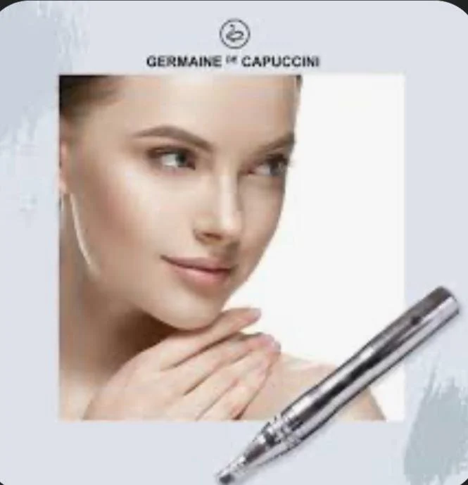 Publicité pour un produit de soin de la peau avec une femme, le nom Germaine de Capuccini, et un stylo ou un produit cosmétique en premier plan.