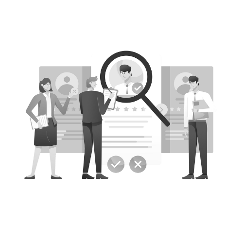 Black and white illustration of a hiring process, with people reviewing resumes and a magnifying glass highlighting a candidate's profile.