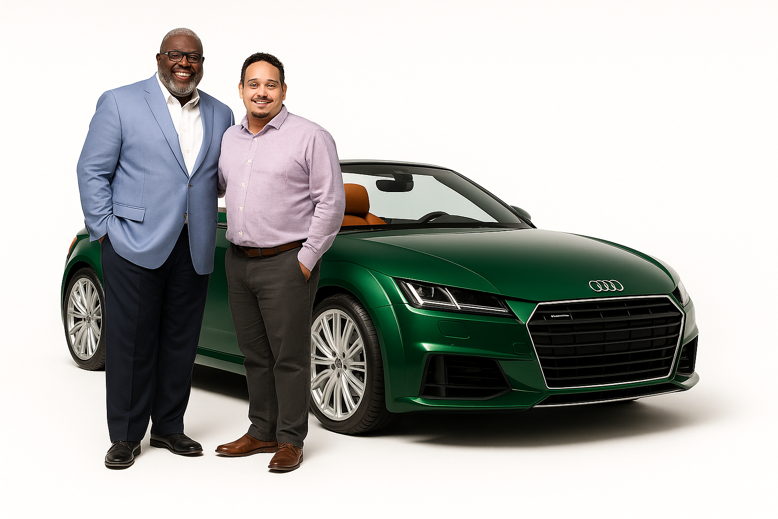 Two men standing next to a green convertible car against a white background.