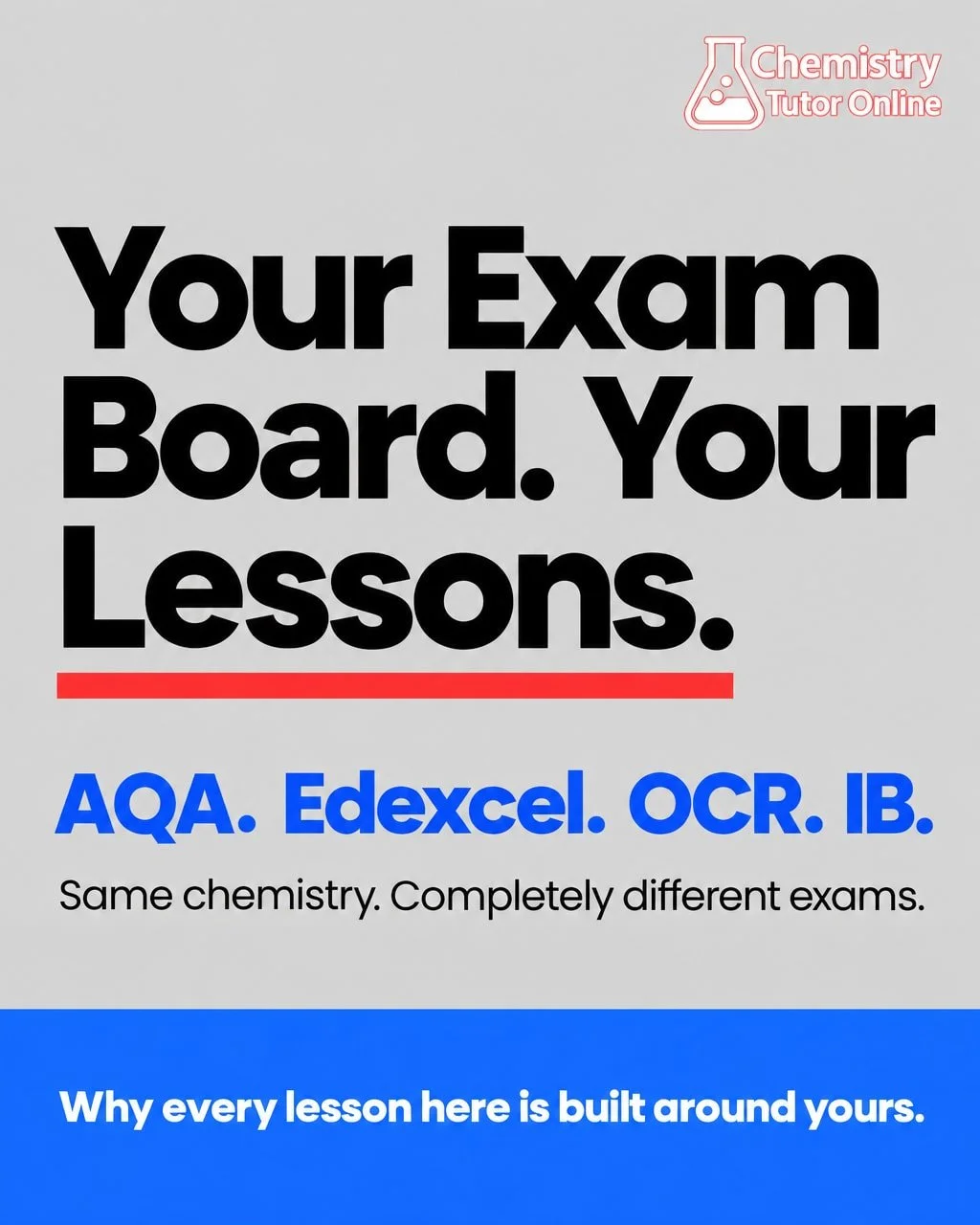 AQA, Edexcel, OCR, IB: same chemistry, completely different exams.

Most chemistry tuition teaches from a generic curriculum. That's understandable, because it's far easier to prepare. But it misses the thing that actually decides your grade.

Each b
