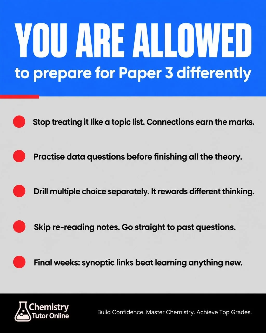 Paper 3 is a different test. It is its own thing, with its own demands, and you are allowed to prepare for it that way.

Here is what that actually looks like:

✅ Stop treating it like a topic list. Paper 3 is synoptic, which means the connections be