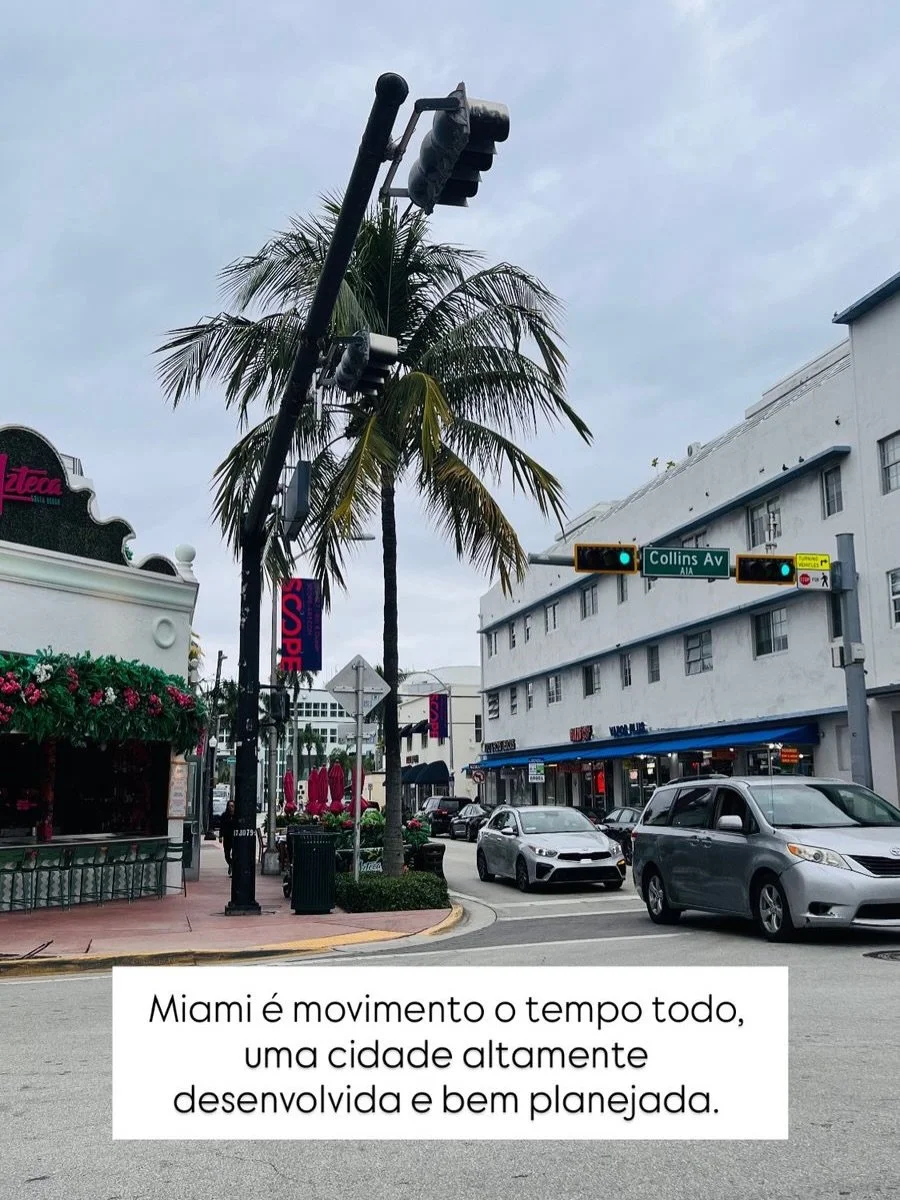 Miami &eacute; sobre vibe.

Voc&ecirc; n&atilde;o vai pra l&aacute; pra ver &ldquo;grandes monumentos&rdquo;.

Vai pra: sentir o clima de praia com cidade moderna,caminhar sem pressa,comer bem,ver arte no meio da rua,curtir as fachadas Art D&eacute;c