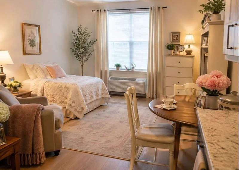 Cozy studio apartment with a bed, armchair, dining table with two chairs, and window with cream curtains, decorated with plants, lamps, and framed artwork.