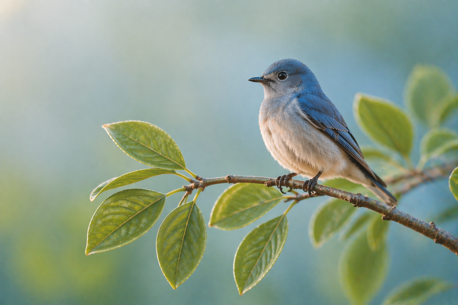A small blue and gray bird perched on a leafy branch against a soft blue and green background.