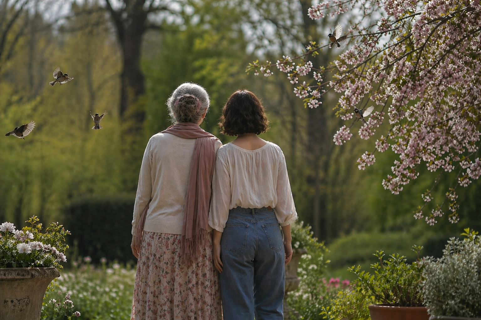 Two women, one elderly with gray hair and one younger with dark hair, walking together in a garden surrounded by blossoming trees and potted plants, with birds flying nearby.