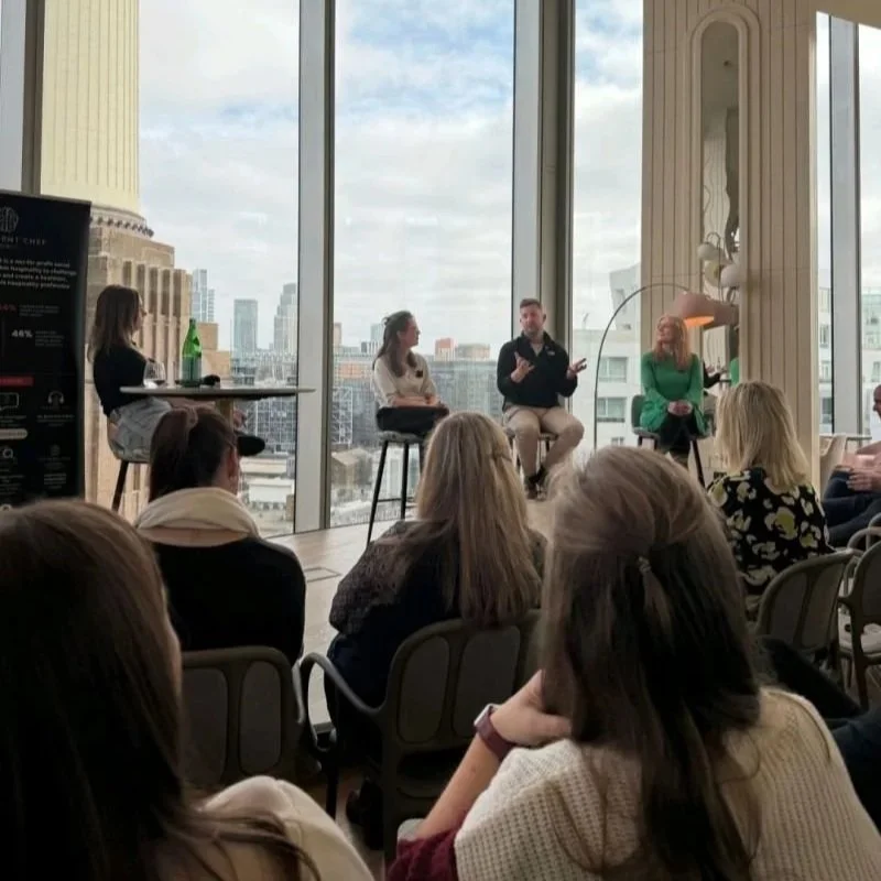 Cassie Davison speaking on a panel at Battersea Power Station with Burnt Chef Project & Kris Hall