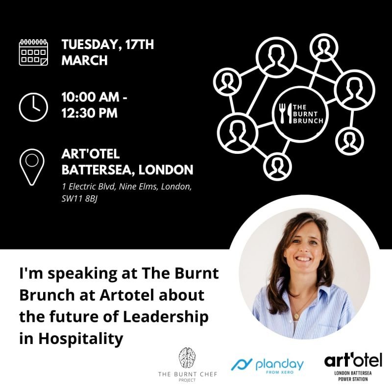 Cassie Davison speaking in a Burnt Chef Project keynote promotion about independent hospitality, belonging and operatorThe event is hosted by The Burnt Brunch, with logos of The Burnt Chef Project, Planday, and Artotel London Battersea Power Station.