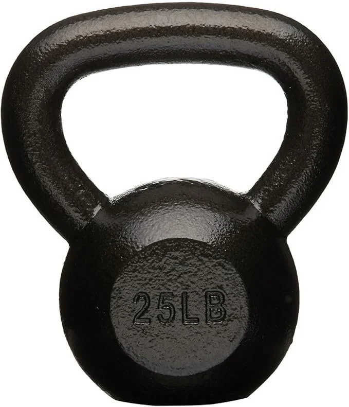 Black 25-pound kettlebell with a handle on top.