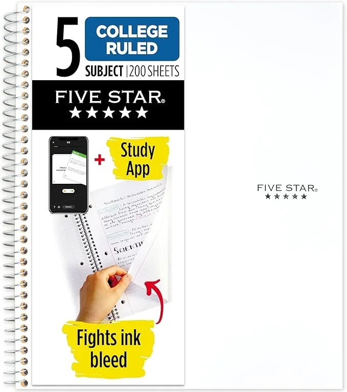 Cover of a college ruled notebook with a spiral binding, featuring logos and text indicating it has 200 sheets, is designed for five-star brand, and includes a study app. There is an image of a hand flipping a page, with handwritten notes and a smart