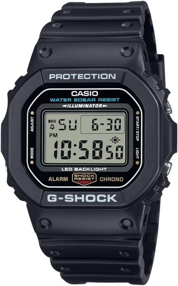 Black Casio G-Shock digital watch with a rectangular face displaying the time 10:58:50, date June 30, Sunday, and icons for alarm and signal, with buttons on the sides.