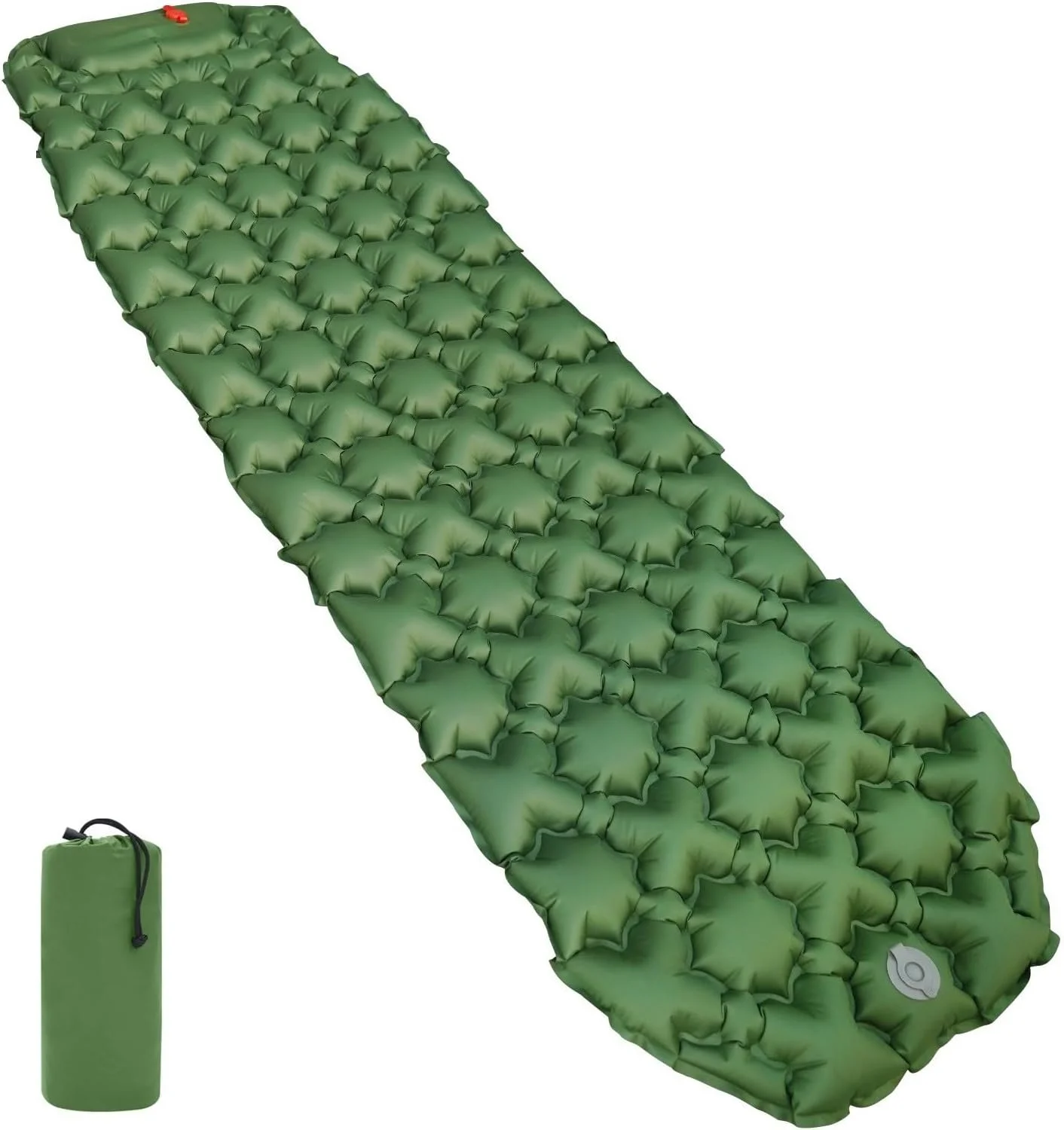 Green sleeping pad with a zigzag logo, shown with a matching green carrying bag and black strap.