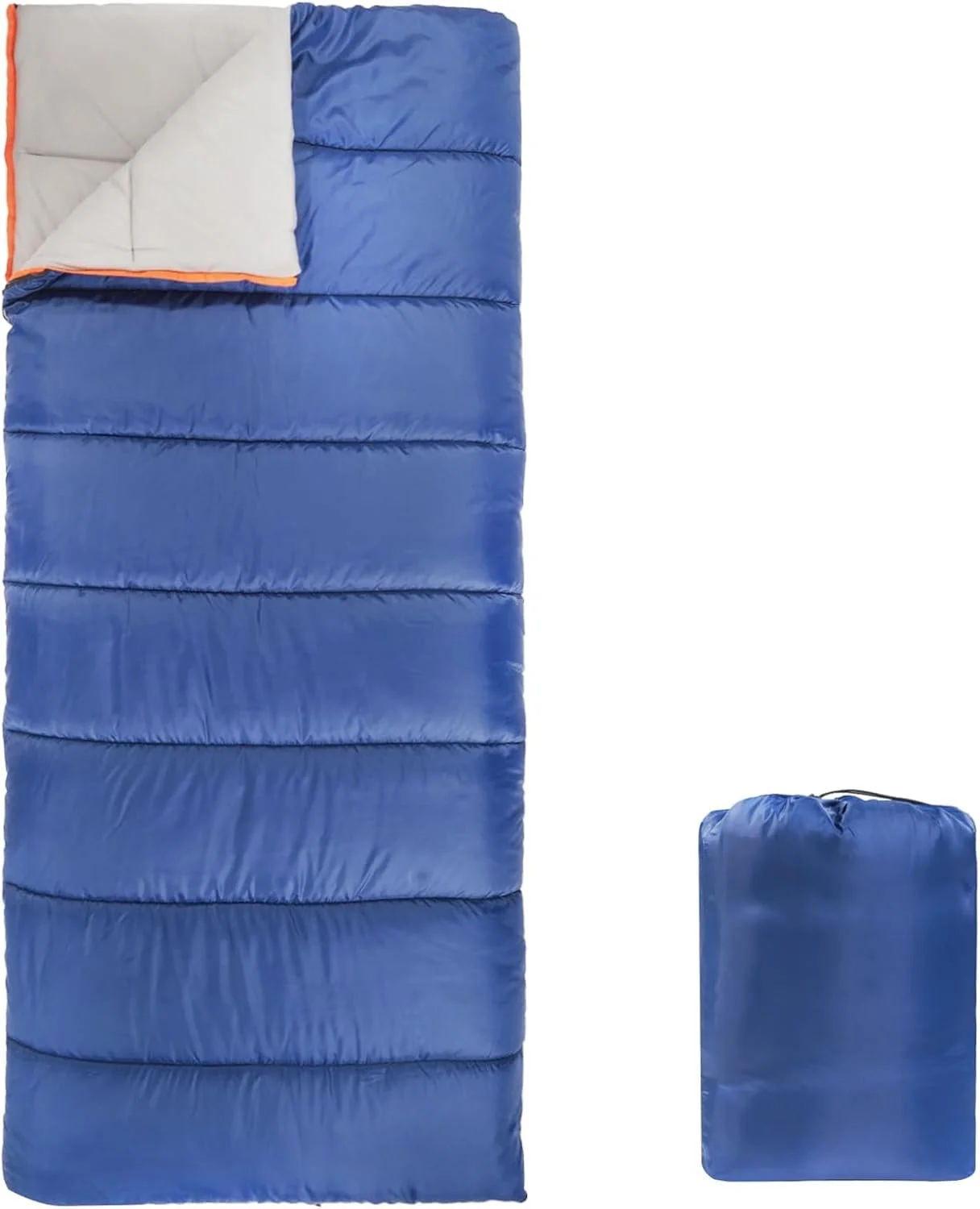 Stacked blue sleeping bags and a folded blue sleeping bag in a compact carrying case.