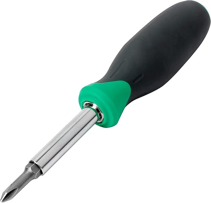 A screwdriver with a black handle, green ring, and a Phillips head metal tip.