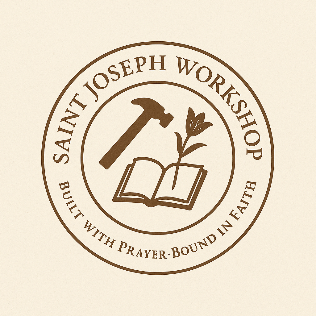 Logo for Saint Joseph Workshop featuring a hammer, an open book with a plant growing from it, and the text "Saint Joseph Workshop" and "Built with Prayer - Bound in Faith".