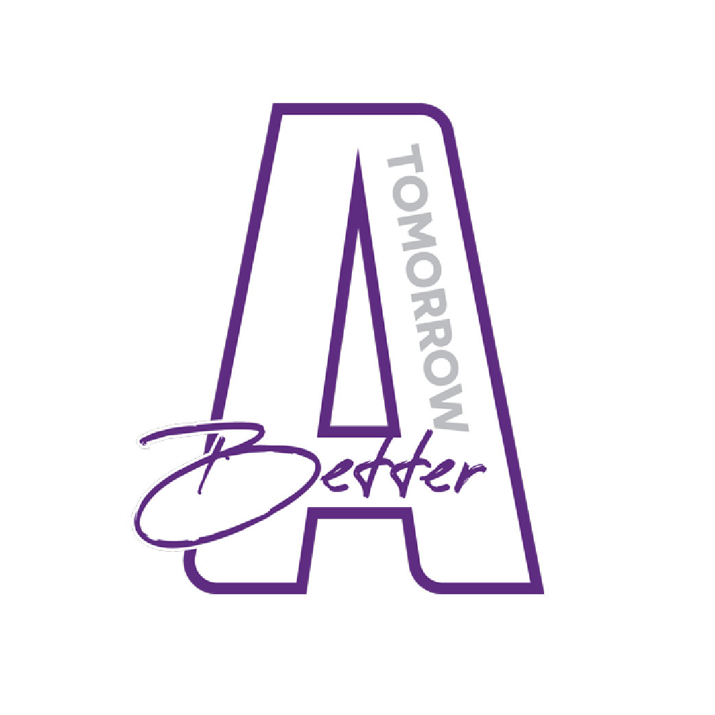 Logo with a large letter A outlined in purple, with the words "TOMORROW BETTER" overlaid on the right side of the A in gray, and the word "Better" written in purple cursive across the bottom left of the A.
