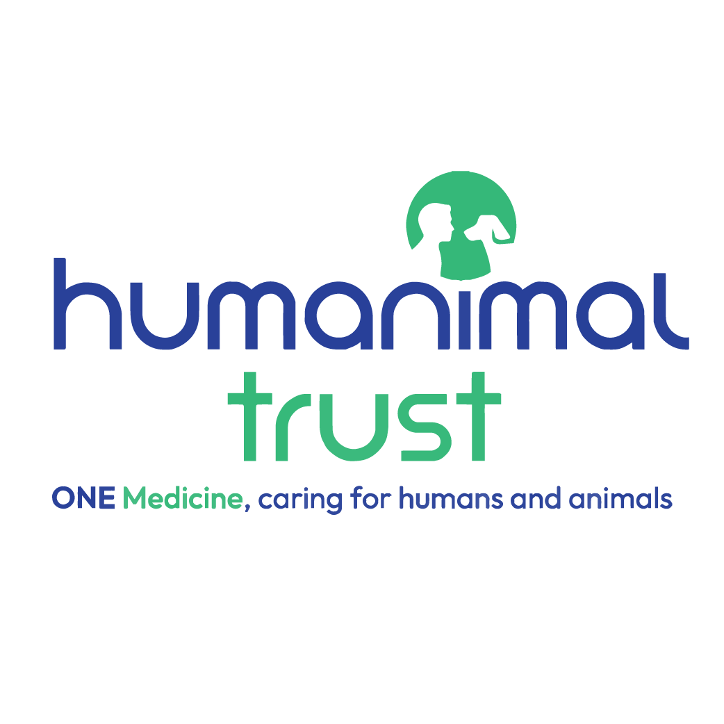 Logo for Humanimal Trust with text 'ONE Medicine, caring for humans and animals' and an icon of a human face and an animal face outlined within a green circle.