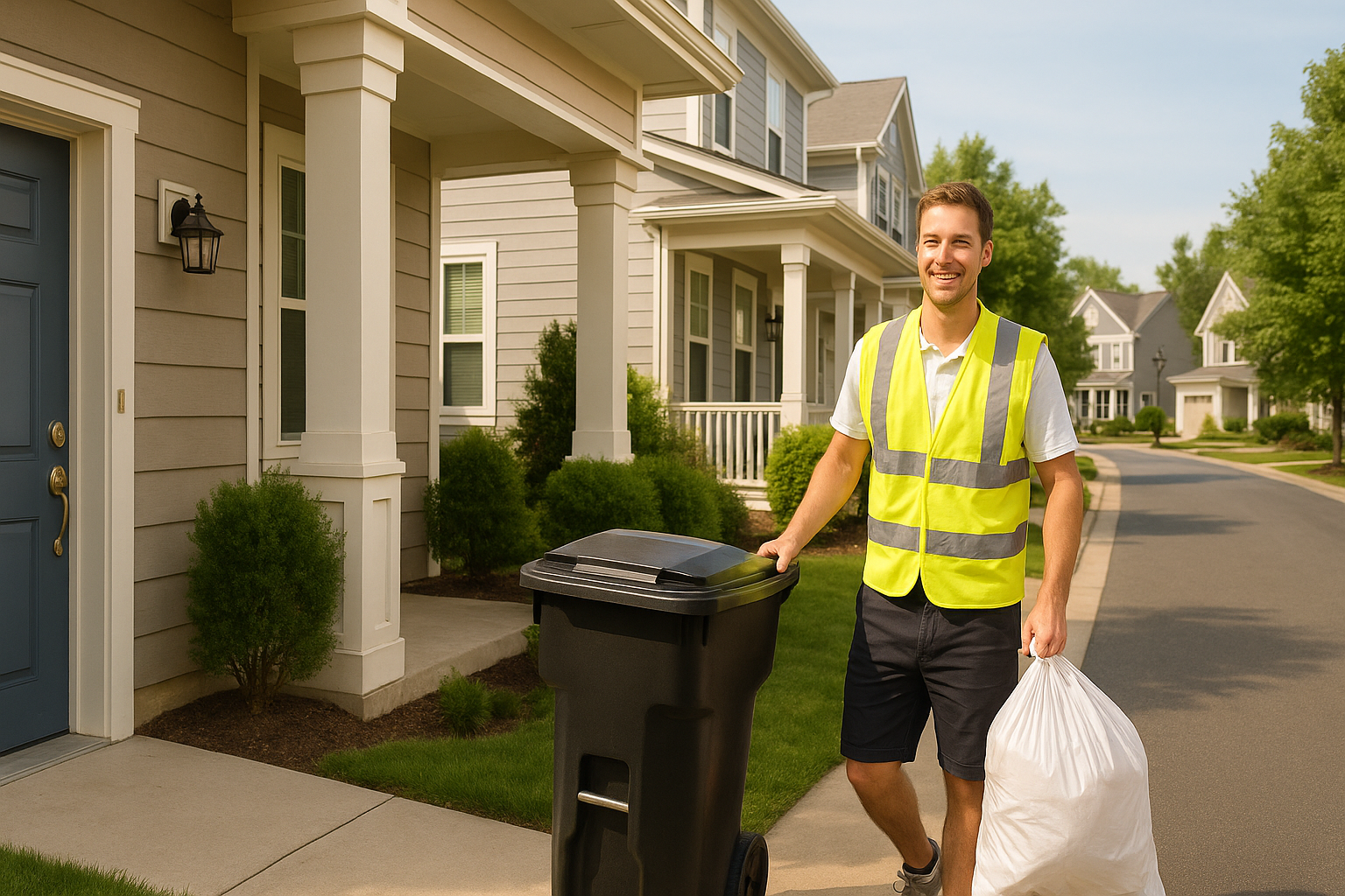 A smiling man wearing a yellow reflective safety vest and holding a white garbage bag walks beside a trash bin on a suburban street.