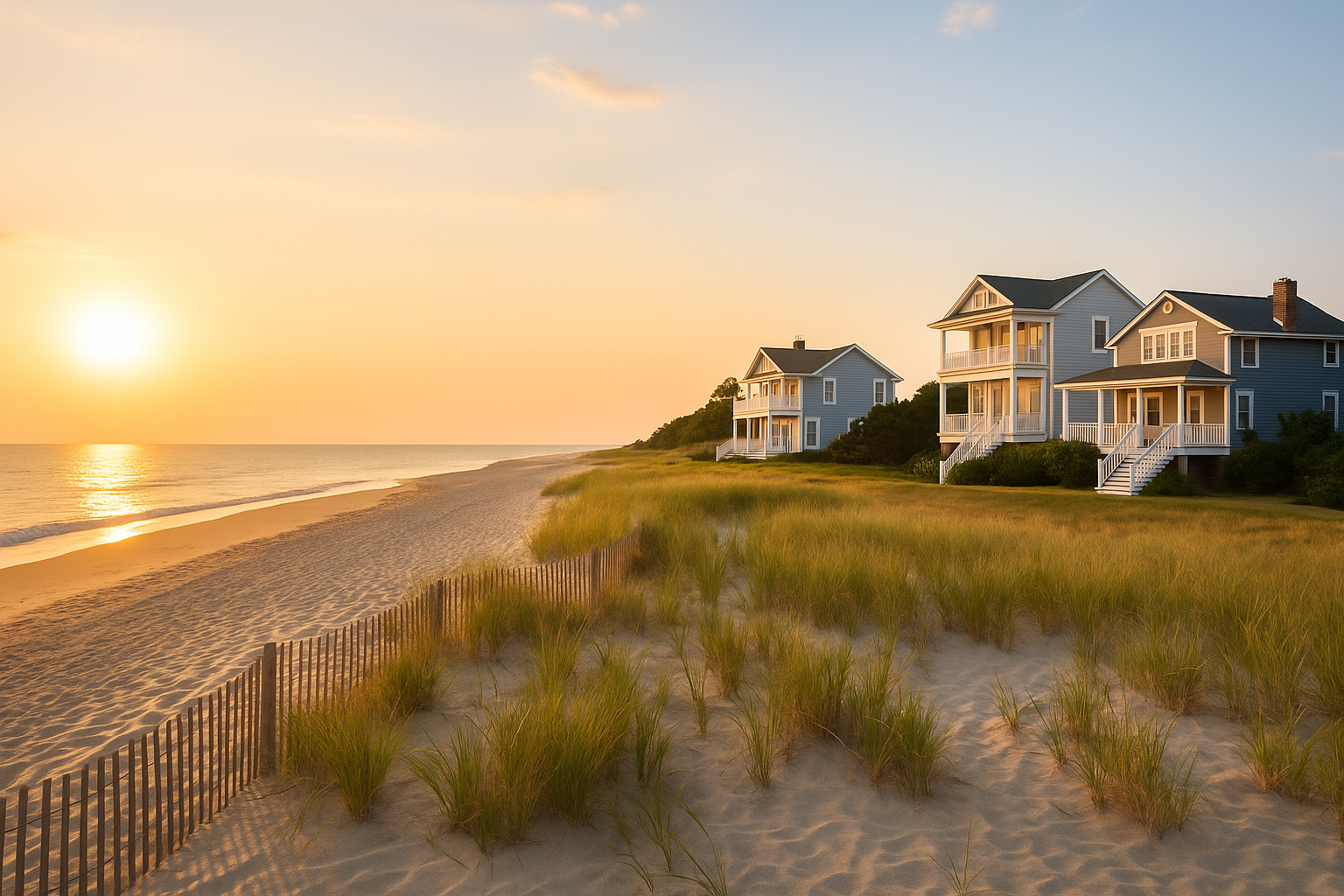 Sunset over sandy beach with grassy dunes and three blue houses with porches in the distance.