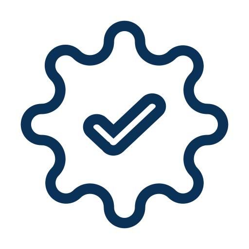 Icon of a gear with a check mark inside, representing approval or verification.