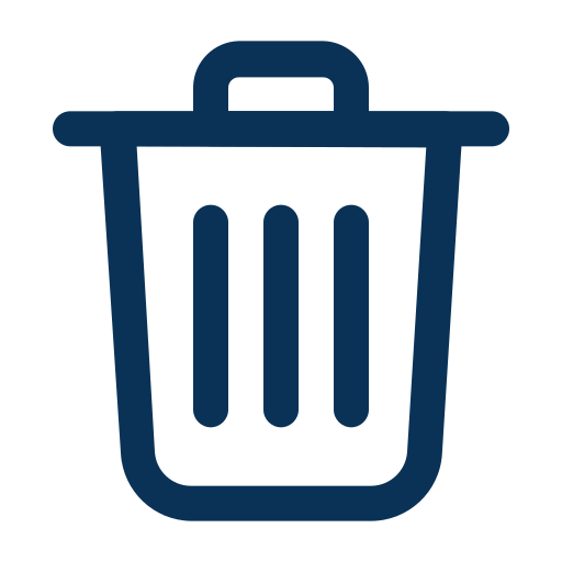 Icon of a simple trash can or waste bin in dark blue.