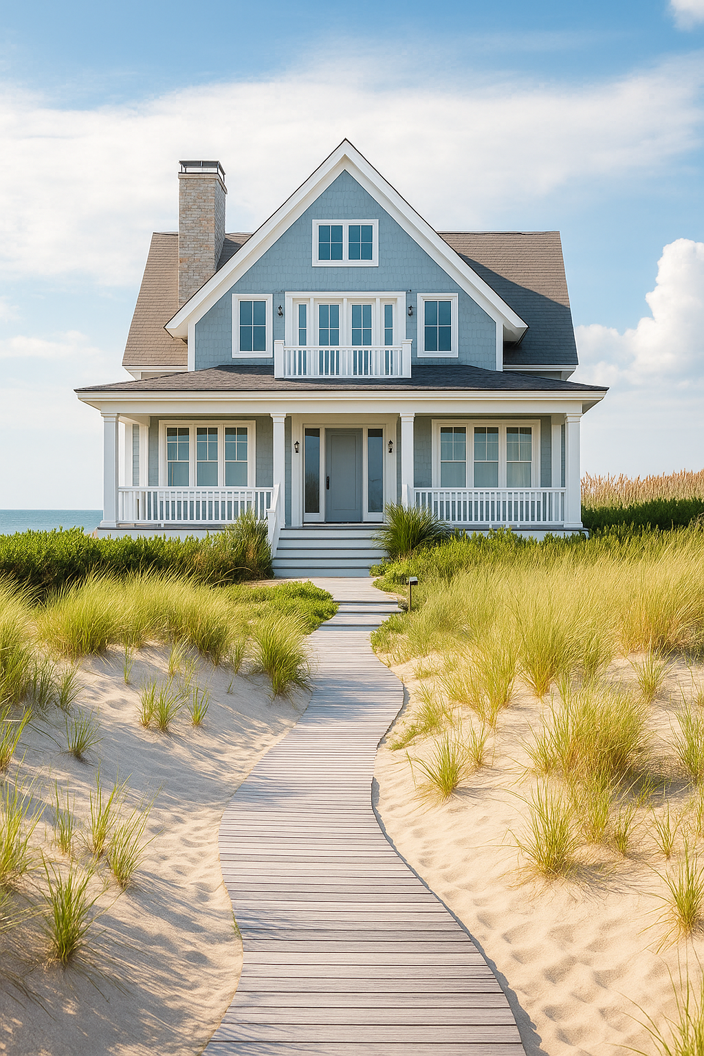 Beach house on the coast with a wooden walkway leading through sand and grass to the porch, blue sky, and ocean in the background.