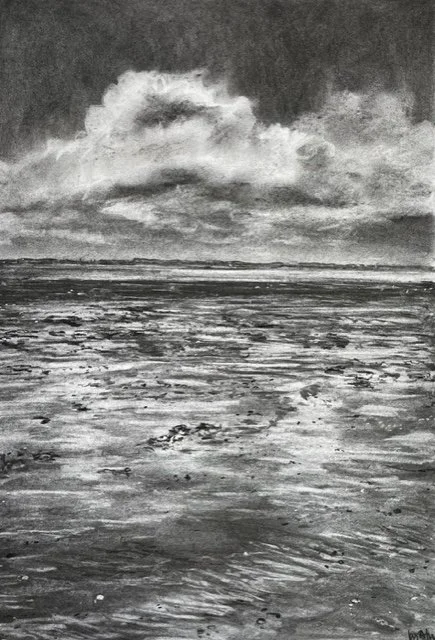 Whitstable in Charcoal 2025, Charcoal on paper, Bespoke black wooden frame, UV protected AcryGuard acrylic glass 47 x 65 cm £300 LIZ ATKIN.jpeg