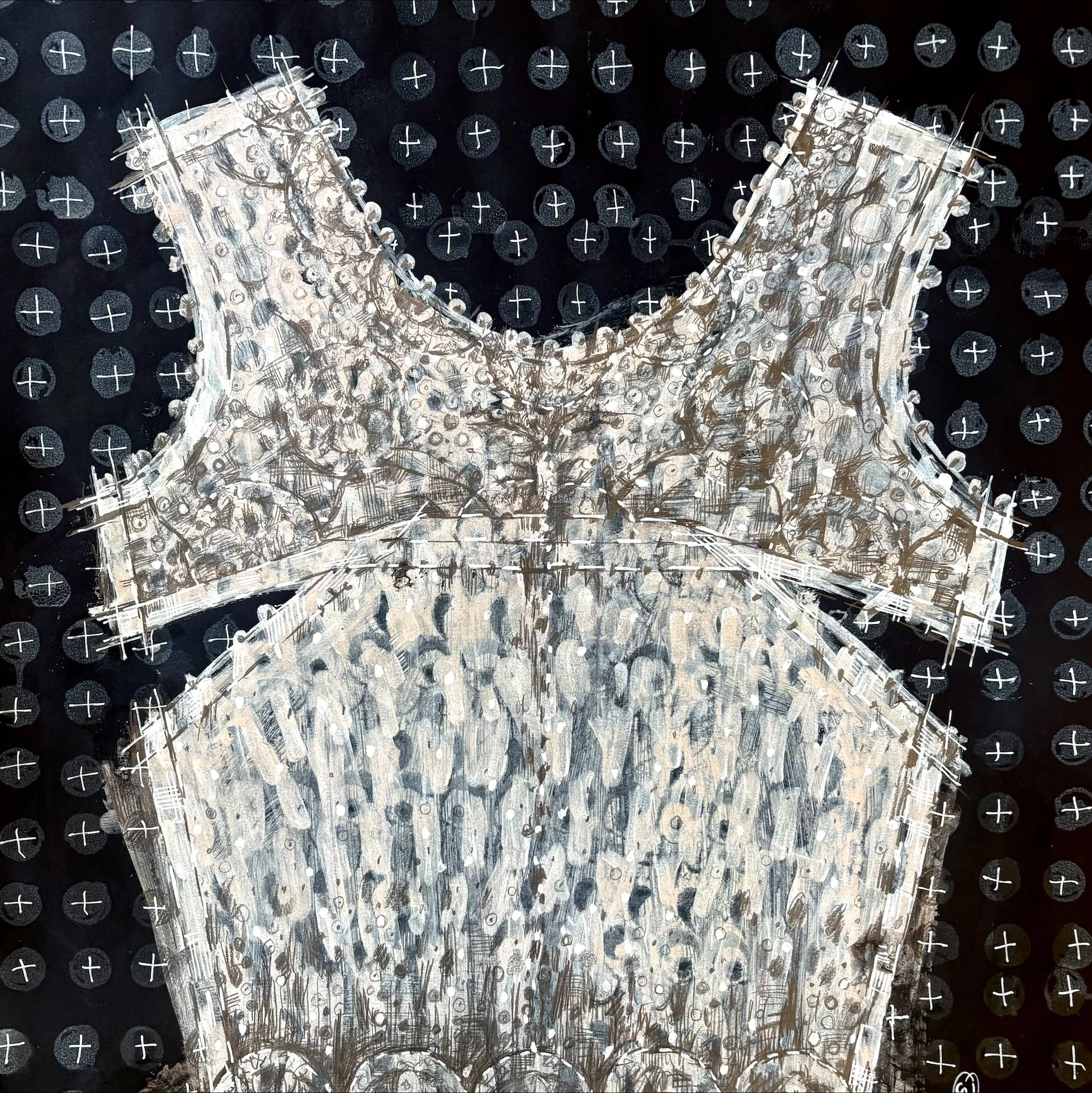 Ghost Bodice - I was on your side, December 2025 Screen print on Black Paper, with acrylic paint and graphite 50 x 50 cm £180 SUE WESTERGAARD.jpeg