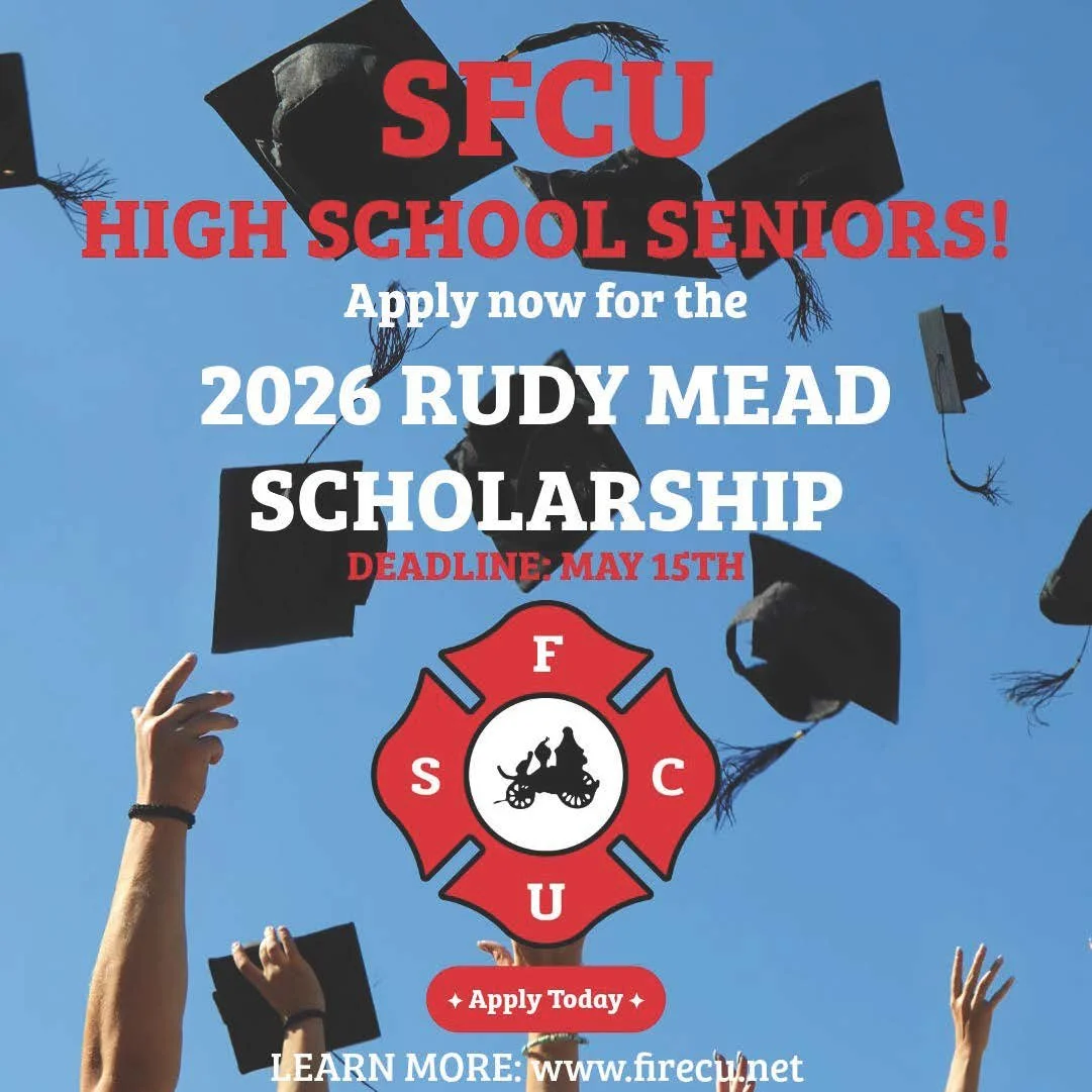 Graduates throw their caps into the sky; image includes the Firefighters Credit Union (SFCU) Maltese cross logo and text announcing the 2026 Rudy Mead Scholarship, with a deadline of May 15th, directing applicants to apply at firecu.net.