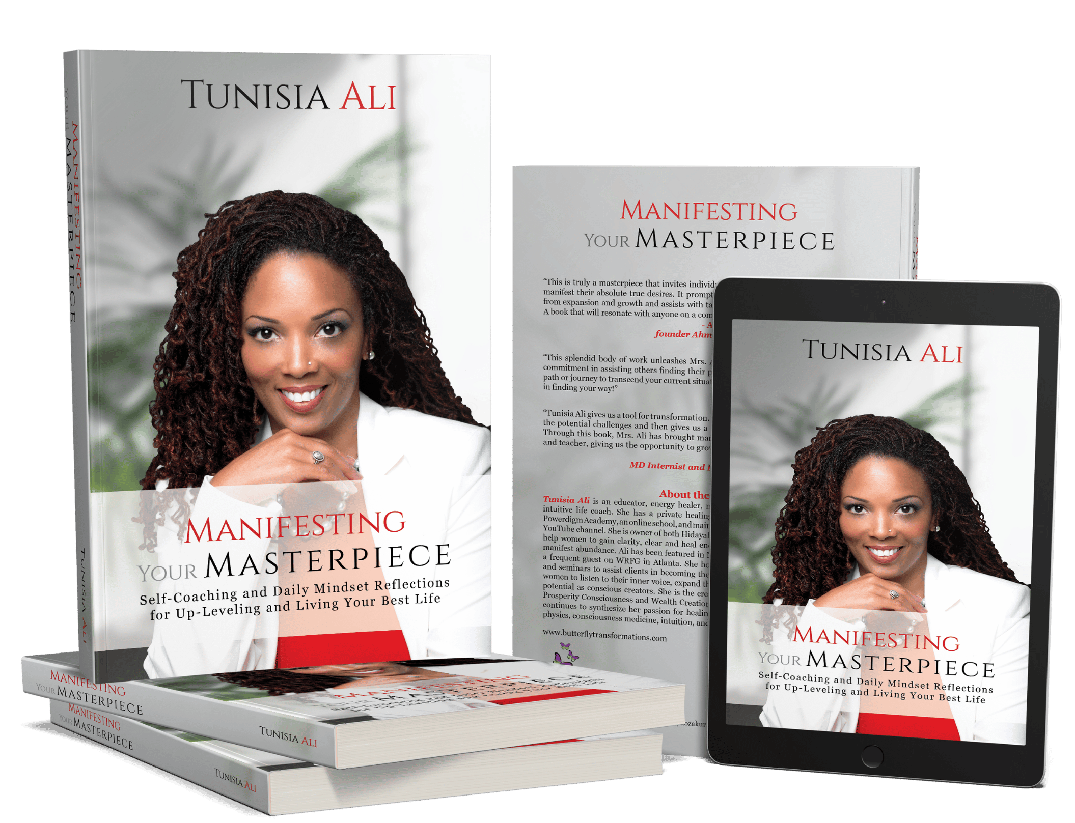 Set of books and an e-book reader featuring the cover of 'Manifesting Your Masterpiece' by Tunisia Ali, showing a smiling woman with curly hair in a white blazer.