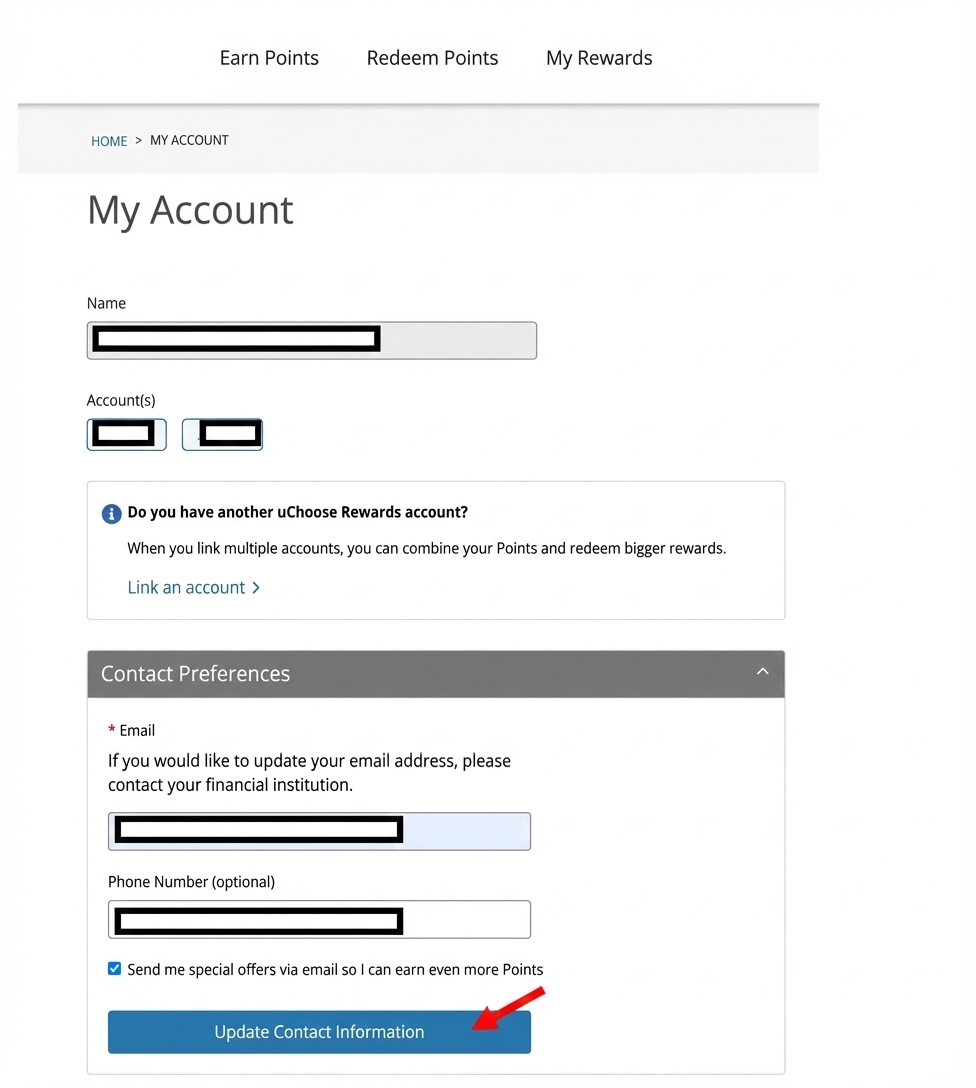 My Account page showing contact preferences with a red arrow pointing to the Update Contact Information button.