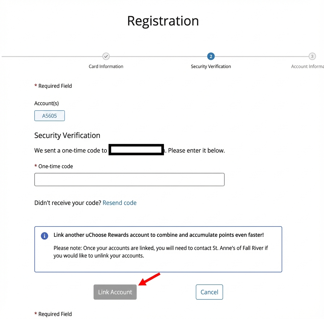 Security Verification page for linking an account with a red arrow pointing to the Link Account button.