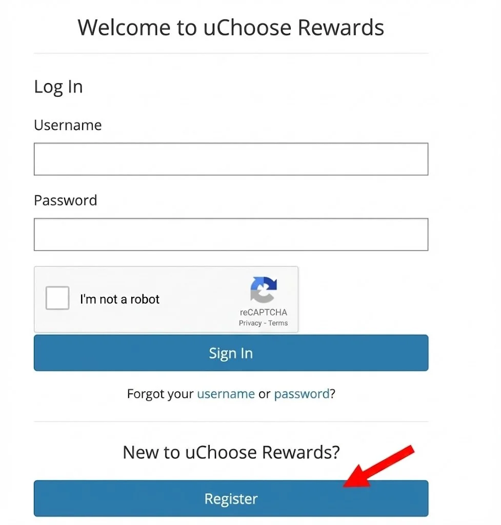 uChoose Rewards login screen with a red arrow pointing to the Register button.
