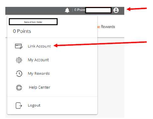 Account profile dropdown menu with a red arrow pointing to the Link Account option.