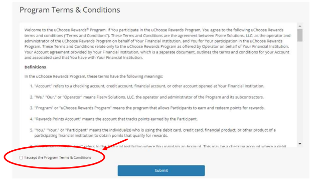 Program Terms and Conditions page with a red circle and arrow highlighting the acceptance checkbox and Submit button.