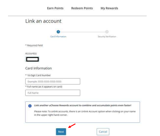 Link an account page with card information fields and a red arrow pointing to the Next button.