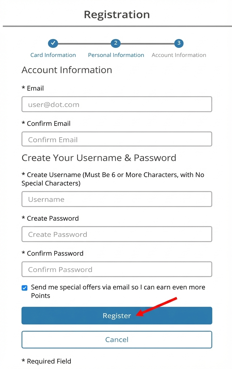 uChoose Rewards Account Information page for creating username and password with a red arrow pointing to Register.