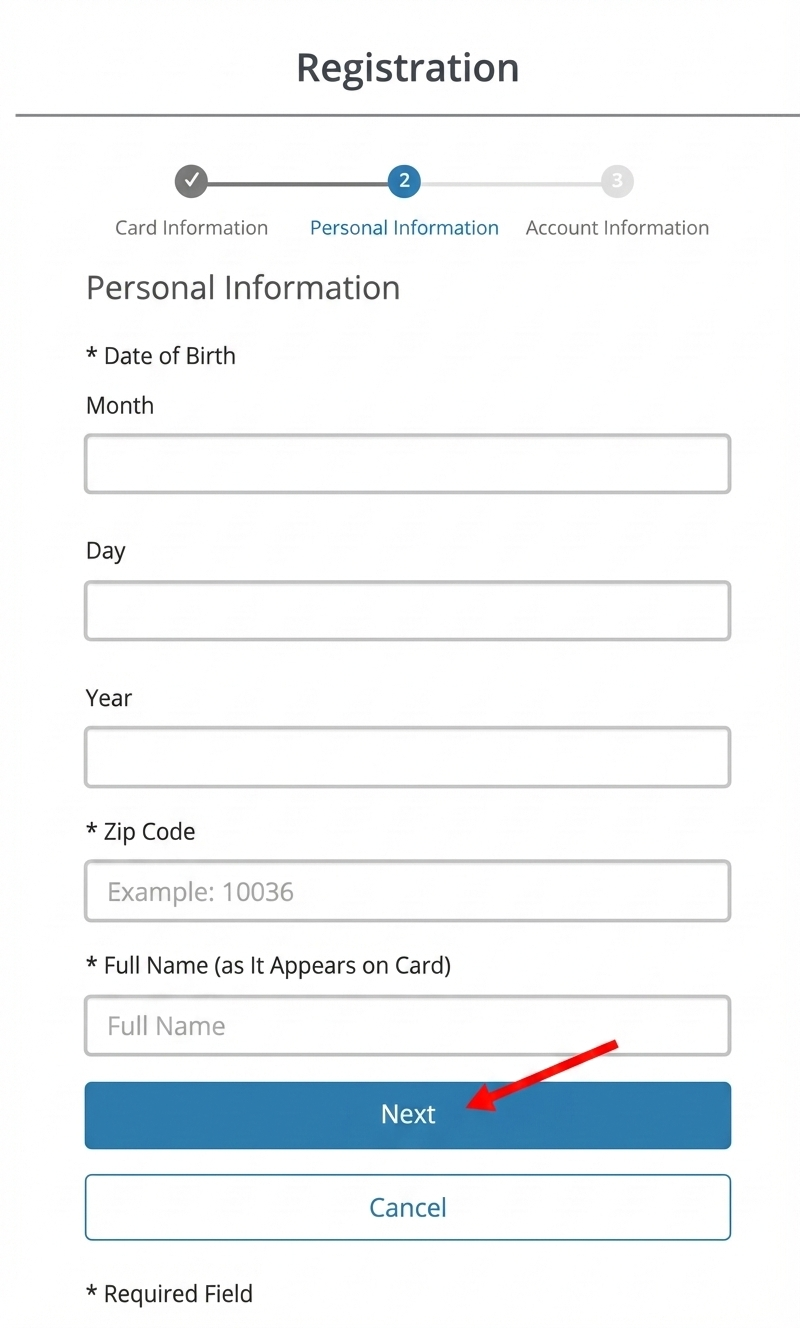 uChoose Rewards Personal Information registration page with a red arrow pointing to the Next button.