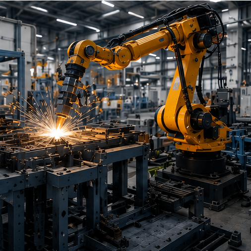 Robotic welding arm on a production line