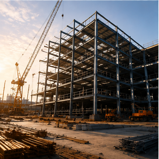 Steel frame construction site at sunrise