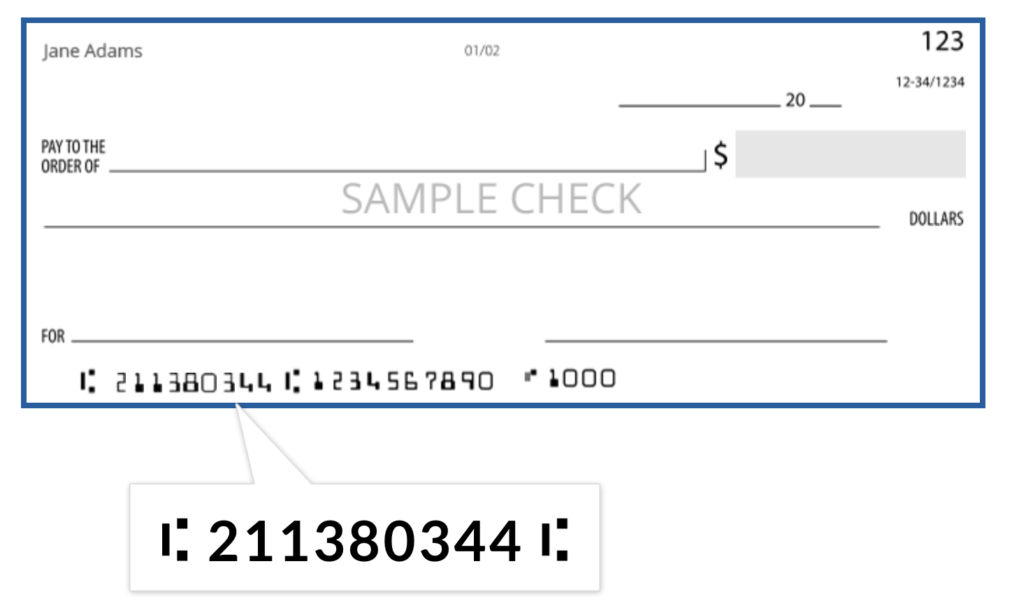 image of sample check with Athol Credit Union routing number highlighted. 211380344