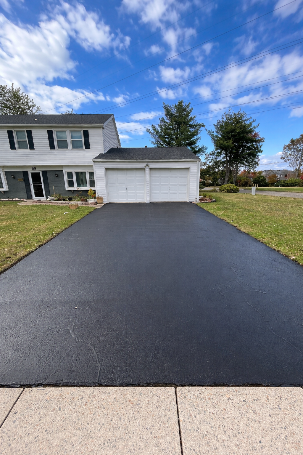 Freshly paved driveway and colonial house.png