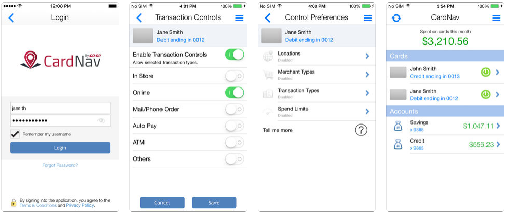 Composite of four CardNav app screens: login, transaction controls, control preferences, and dashboard showing spending, cards, and balances.