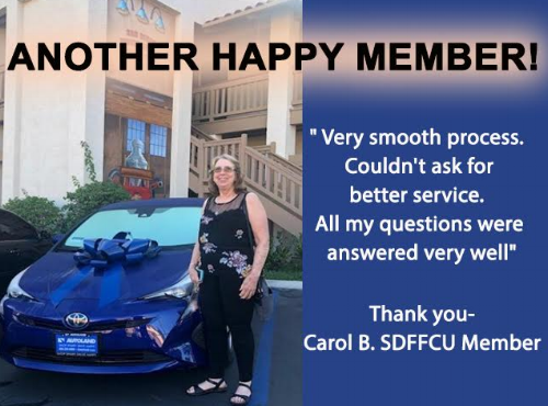 A smiling woman stands beside a blue Toyota car. image reads: “ANOTHER HAPPY MEMBER! ‘Very smooth process. Couldn't ask for better service. All my questions were answered very well.’ – Carol B.