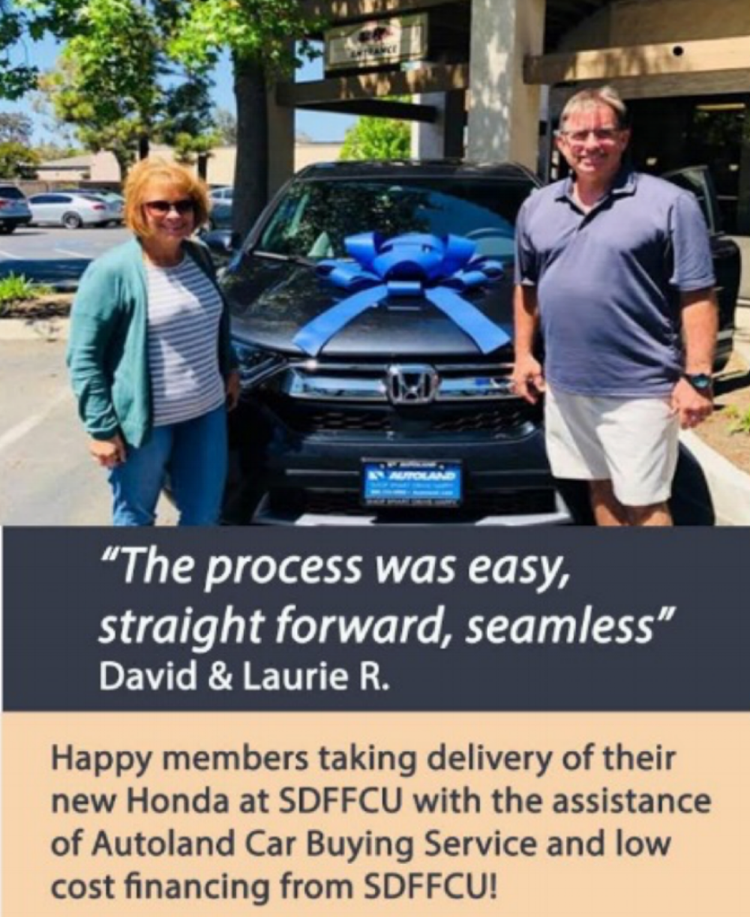 “The process was easy, straightforward, seamless” “Happy members taking delivery of their new Honda at SDFFCU with the assistance of Autoland Car Buying Service and low-cost financing from SDFFCU!”